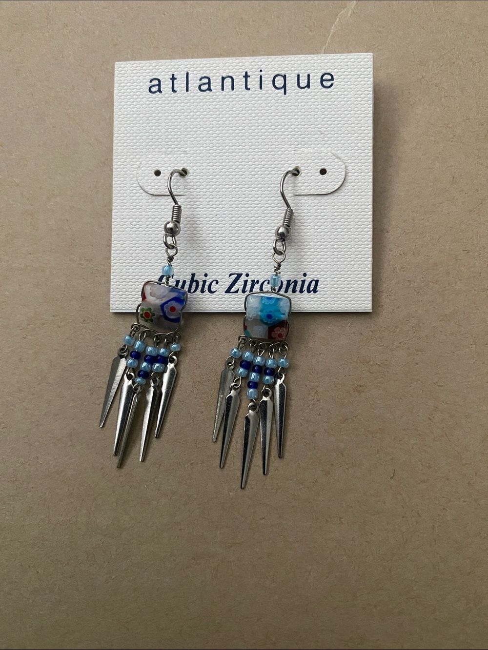 Antique Blue Multi-Bead Dangle Earrings with Silver Spikes